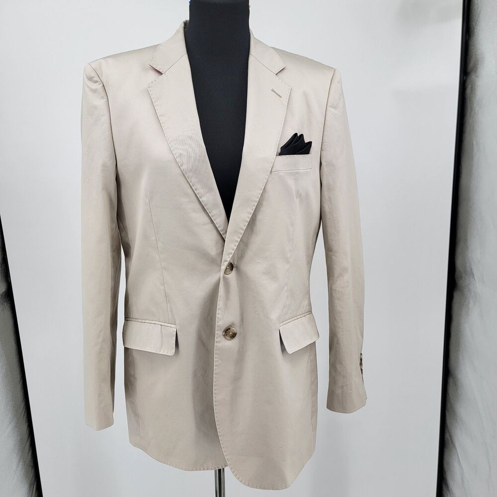 Alan Flusser Mens 40R Khaki Beige 100% Cotton 2-Button Dbl Vent Blazer Jacket